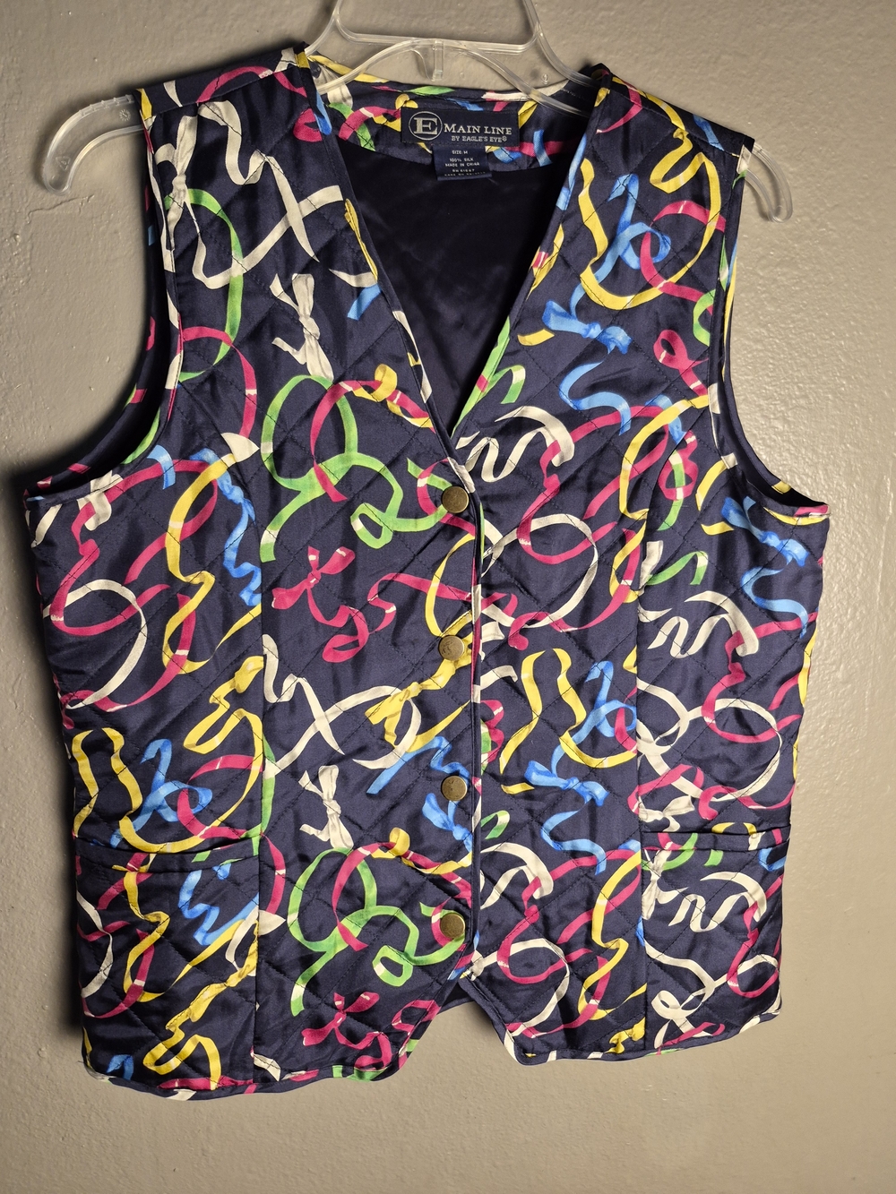 Sleeveless Quilted Vest - Multicolor Ribbon Print on Navy